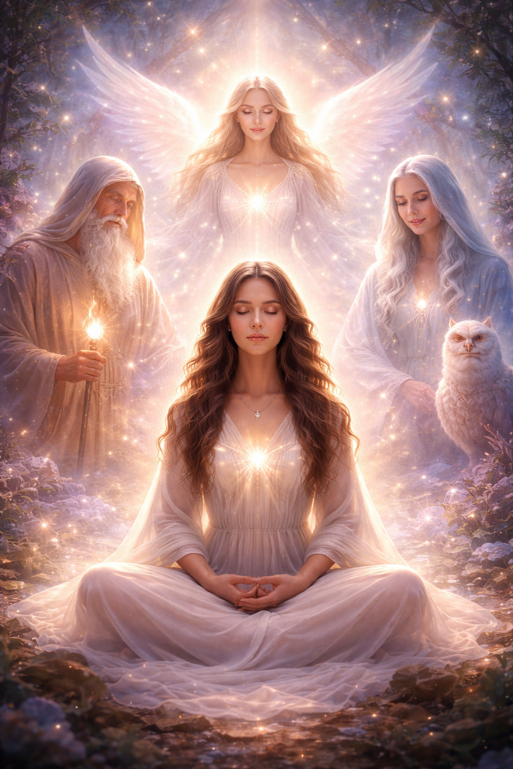 Guidance spirituelle avec guides spirituels entourant une femme en méditation