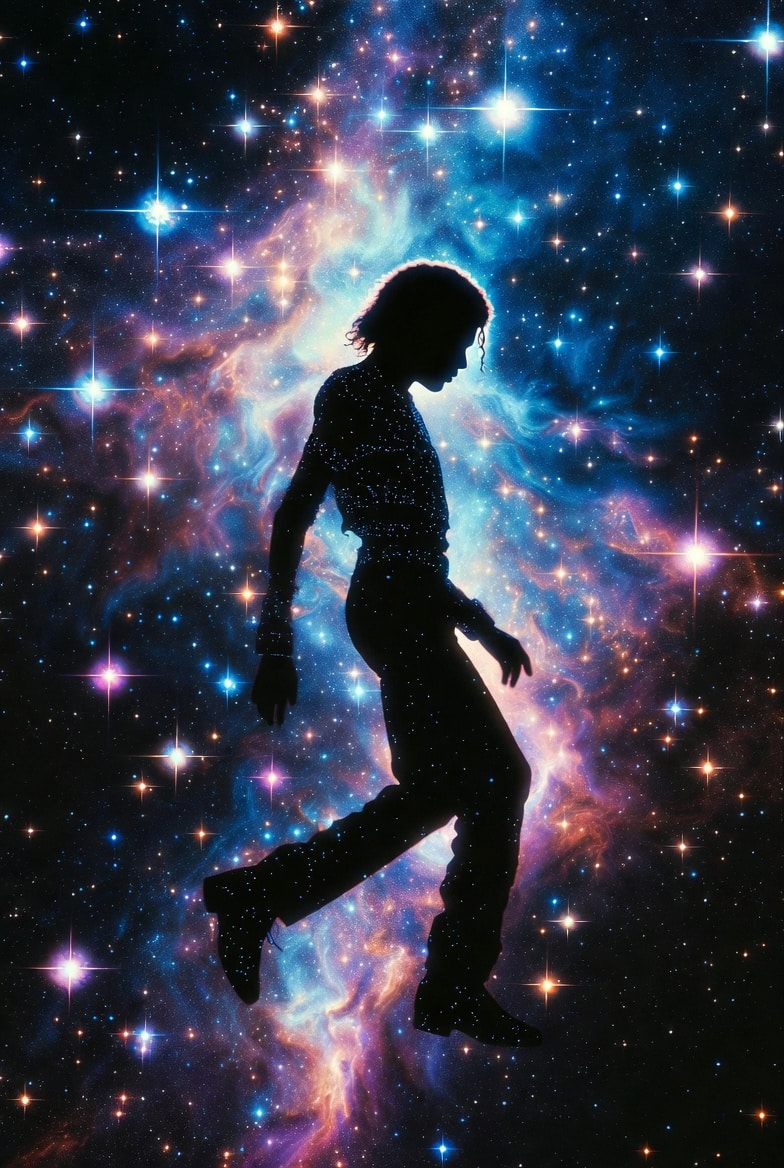 Voyance Michael Jackson : silhouette de Michael Jackson dansant dans l’univers cosmique entouré d’étoiles et de nébuleuses